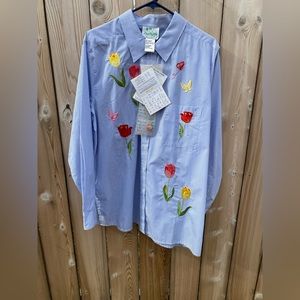 Quaker Factory Blue & White Pinstriped Women's Long Sleeve Blouse wTulips NWT